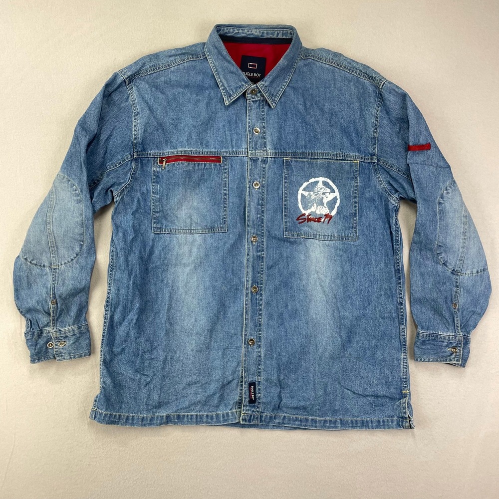 Vintage Bugle Boy Denim Shacket Men's L Blue Button Front Y2K Long Sleeve